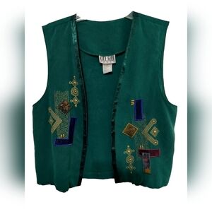 2327)Vintage City Girl Sport Art wear Green Paint Studs Embroidery Vest Size L